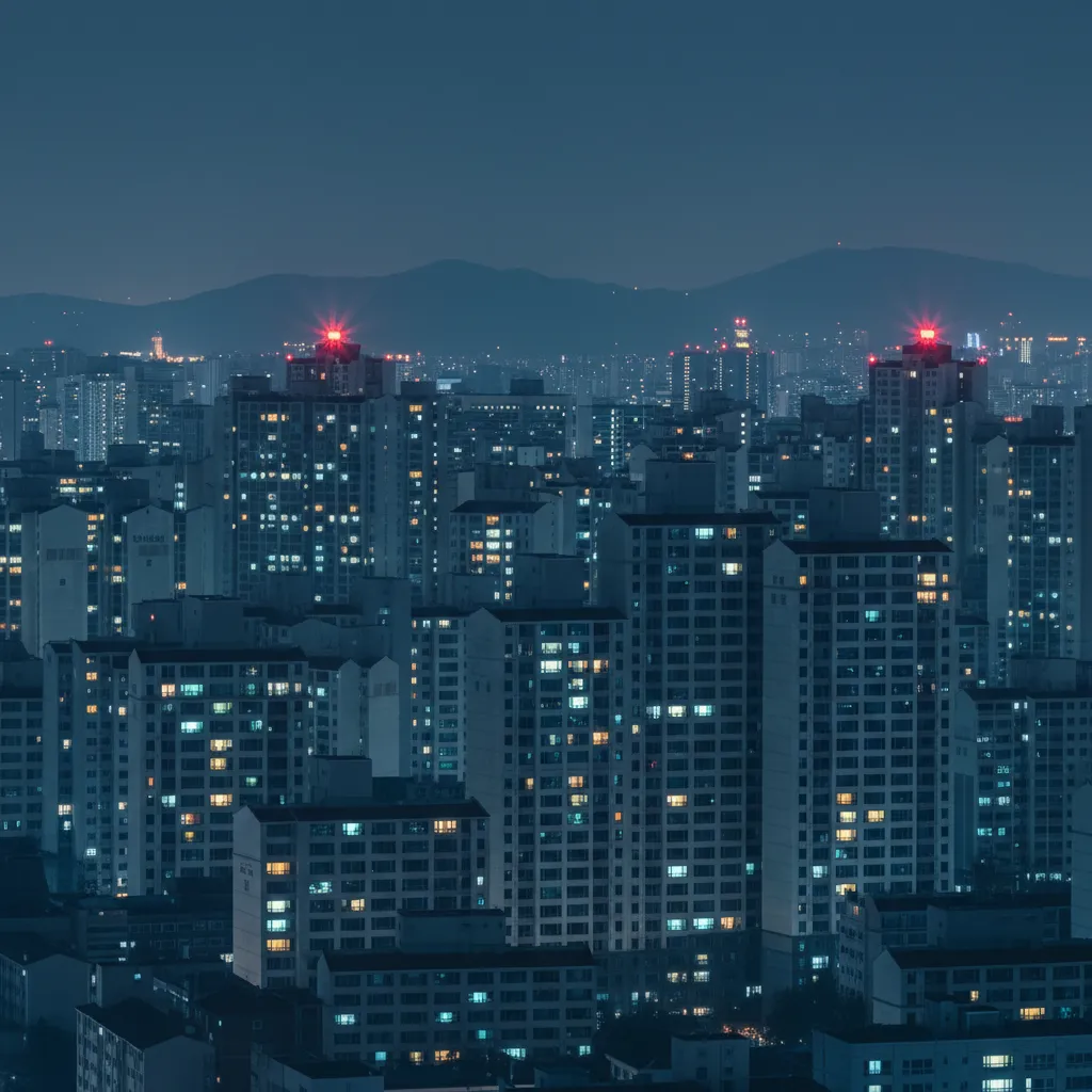 붉은 옥상 항공등이 켜진 부산의 밤 고층 스카이라인